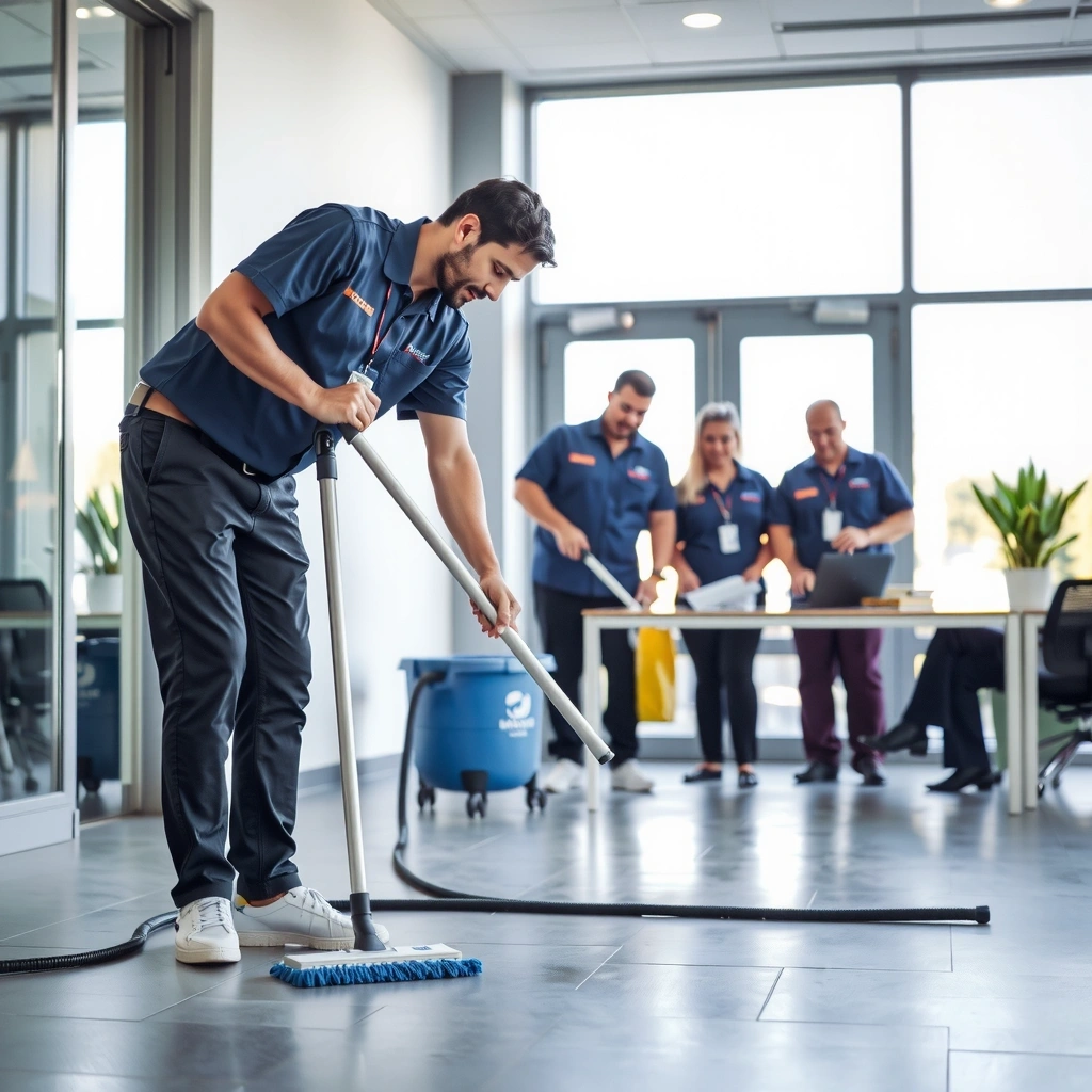 Professional cleaning team working in a modern office space