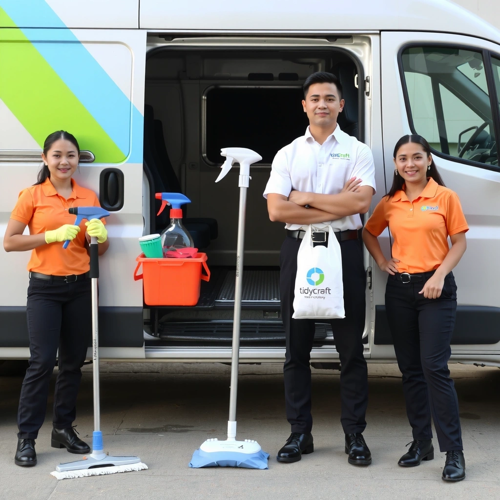 TidyCraft team members in professional uniforms with cleaning equipment